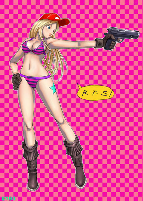 ryu (ryu's form site), original, 1girl, bikini, blonde hair, blue eyes, boots, brown boots, checkered background, female focus, full body, gloves, gun, hand on own hip, handgun, leg tattoo, legs, lips, long hair, pink background, pistol, solo, star (symbol), star tattoo, swimsuit, tattoo, weapon