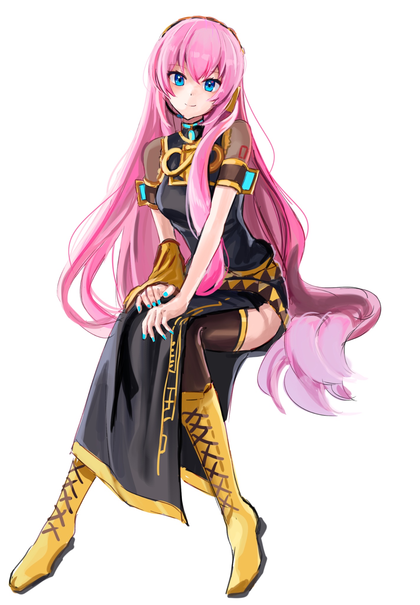 ramune55ni, megurine luka, vocaloid, commentary request, highres, korean commentary, 1girl, black dress, black hairband, blue eyes, blue nails, boots, breasts, brown thighhighs, closed mouth, detached sleeves, dress, full body, hair between eyes, hair over shoulder, hairband, hands on own knees, headset, invisible chair, knee boots, knees together feet apart, lace-up boots, long dress, long hair, long sidelocks, long sleeves, looking at viewer, medium breasts, nail polish, number tattoo, pink hair, see-through clothes, see-through shirt, shirt, short sleeves, shoulder tattoo, side slit, sidelocks, simple background, single bare arm, single detached sleeve, single sleeve, sitting, sleeveless, sleeveless dress, sleeveless turtleneck, smile, solo, tattoo, thighhighs, turtleneck, turtleneck dress, v arms, very long hair, white background, yellow boots, yellow sleeves, yellow trim, zettai ryouiki
