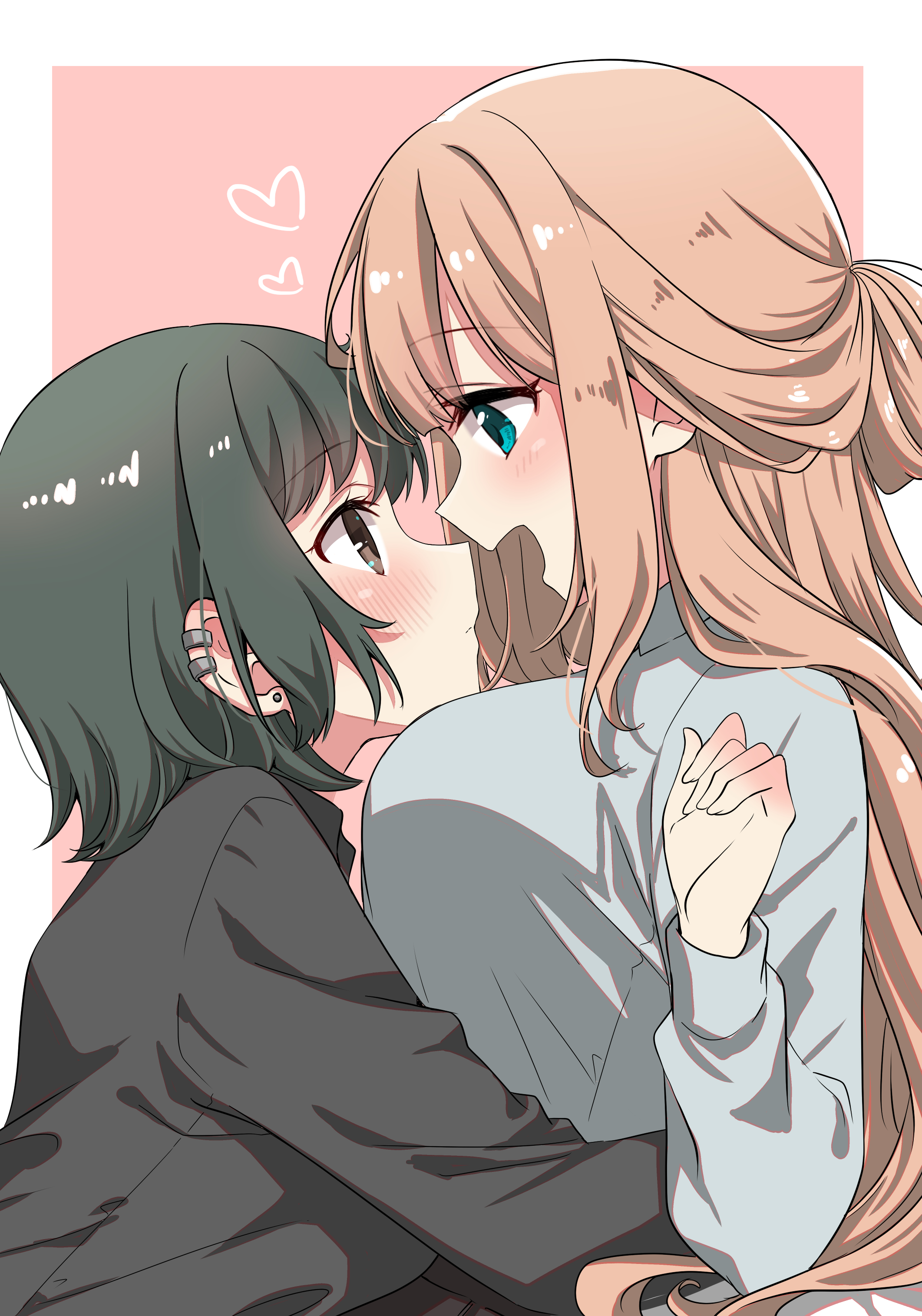 tottoto tomekichi, original, absurdres, commentary, highres, 2girls, black hair, black shirt, blue eyes, blush, breasts, brown eyes, brown hair, closed mouth, earclip, earrings, eye contact, grey shirt, half updo, heart, hug, jewelry, large breasts, long hair, looking at another, multiple girls, open mouth, pink background, shirt, short hair, stud earrings, yuri