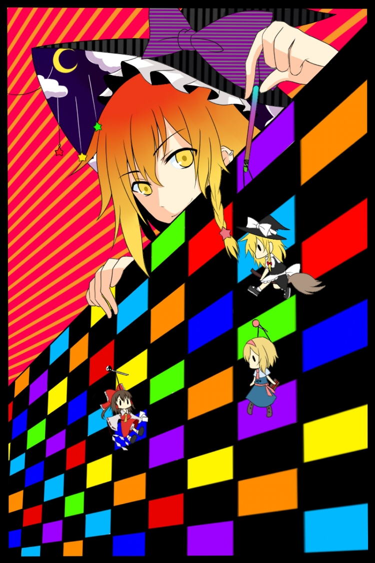 tateyama, alice margatroid, hakurei reimu, kirisame marisa, touhou, 1girl, blonde hair, character doll, chibi, colorful, crescent, doll, female focus, full body, hat, mini person, minigirl, peeking, solo, upper body, witch hat, yellow eyes