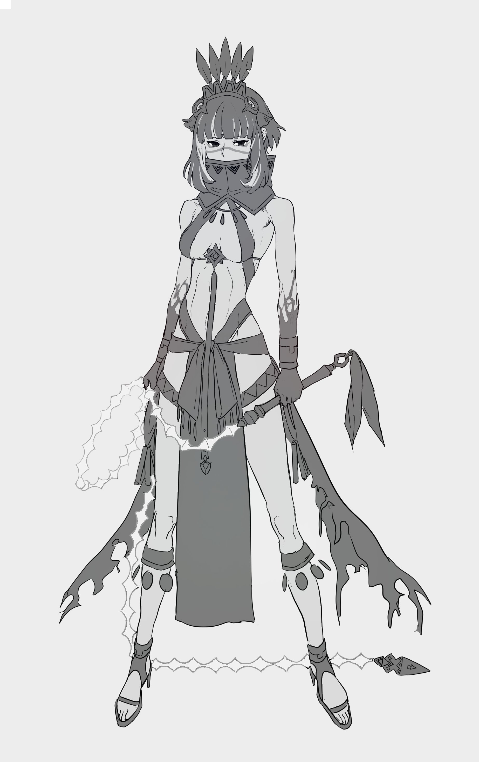 ythdltmnmhlc10, tenochtitlan (fate), tenochtitlan (first ascension) (fate), fate/grand order, fate (series), absurdres, highres, 1girl, aztec, bare shoulders, blood, blood on hands, breasts, facepaint, feather hairband, full body, greyscale, headdress, high collar, holding, holding whip, monochrome, multicolored hair, pelvic curtain, short hair, small breasts, solo, whip