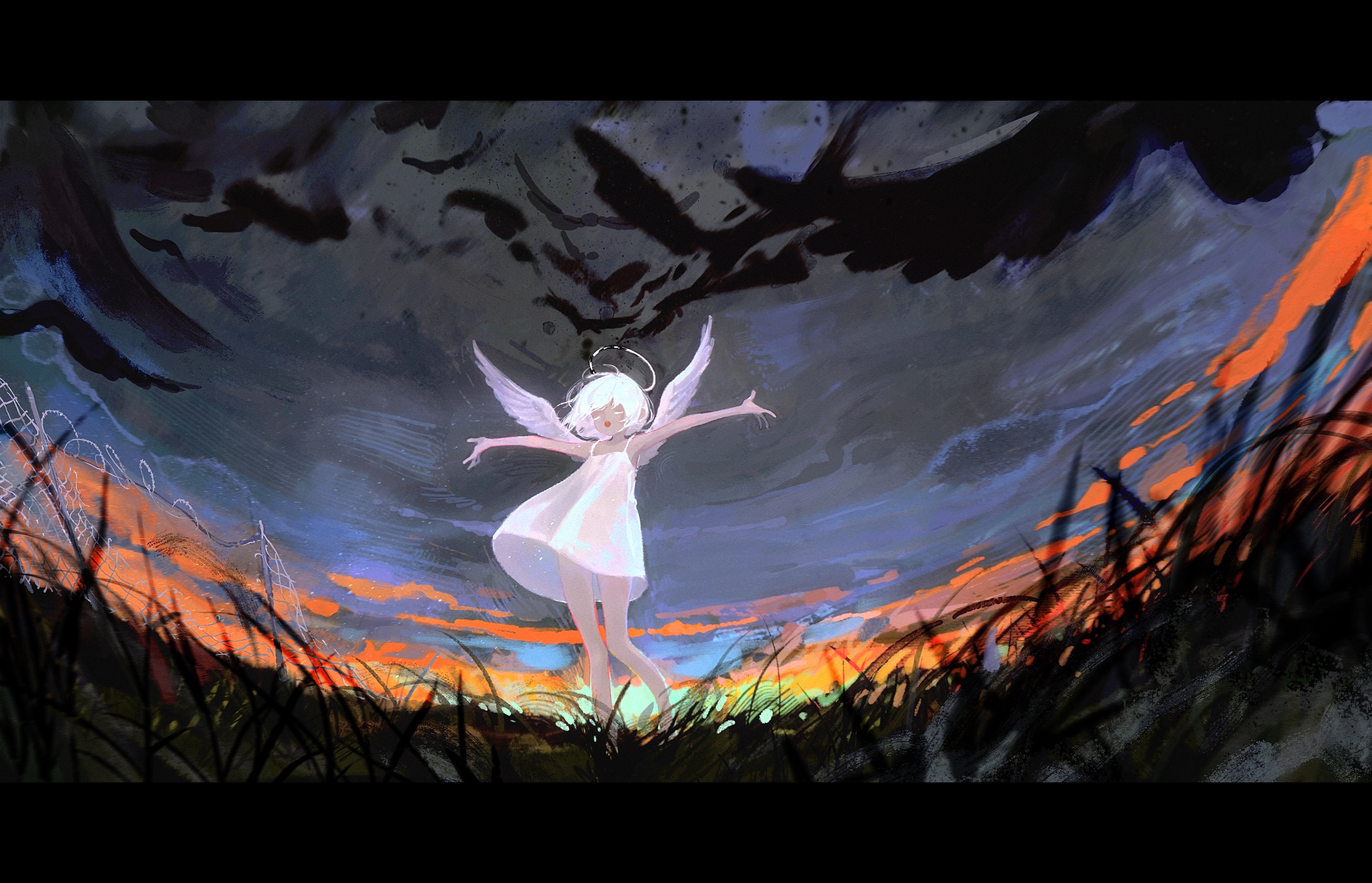 hidari (nanmu-left), original, absurdres, highres, 1girl, angel, angel wings, bird, closed eyes, crow, dress, fisheye, grass, halo, letterboxed, negative space, no legwear, open mouth, outdoors, outstretched arms, scenery, short hair, sky, sleeveless, sleeveless dress, solo, spaghetti strap, sunrise, white dress, white hair, wide shot, wings