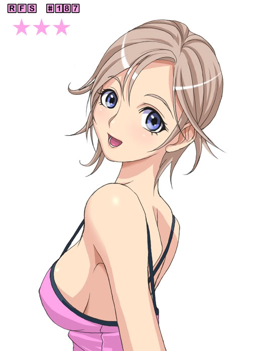 ryu (ryu's form site), 1girl, armpits, back, blue eyes, brown hair, camisole, female focus, from side, head tilt, lower teeth only, open mouth, parted bangs, short hair, simple background, solo, swept bangs, teeth, white background