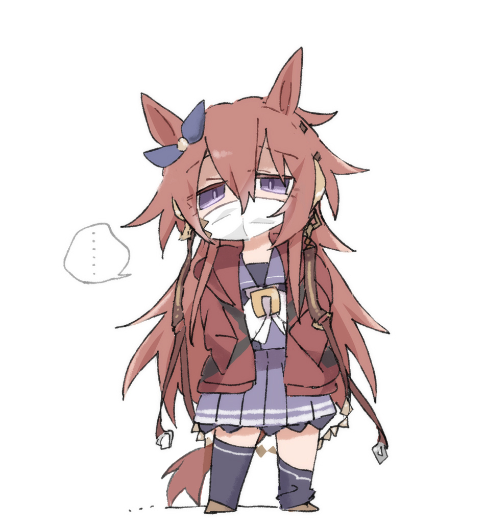 beer hsk, orfevre (old design) (umamusume), umamusume, …, 1girl, animal ears, asymmetrical legwear, black thighhighs, blue ribbon, bow, brown hair, ear ribbon, full body, hair between eyes, hood, hood down, hooded jacket, horse ears, horse girl, horse tail, jacket, long hair, looking at viewer, mask, mouth mask, open clothes, open jacket, pleated skirt, purple eyes, purple shirt, purple skirt, red jacket, ribbon, school uniform, shirt, simple background, skirt, solo, spoken ellipsis, standing, surgical mask, tail, thighhighs, thighhighs pull, tracen school uniform, very long hair, white background, white bow
