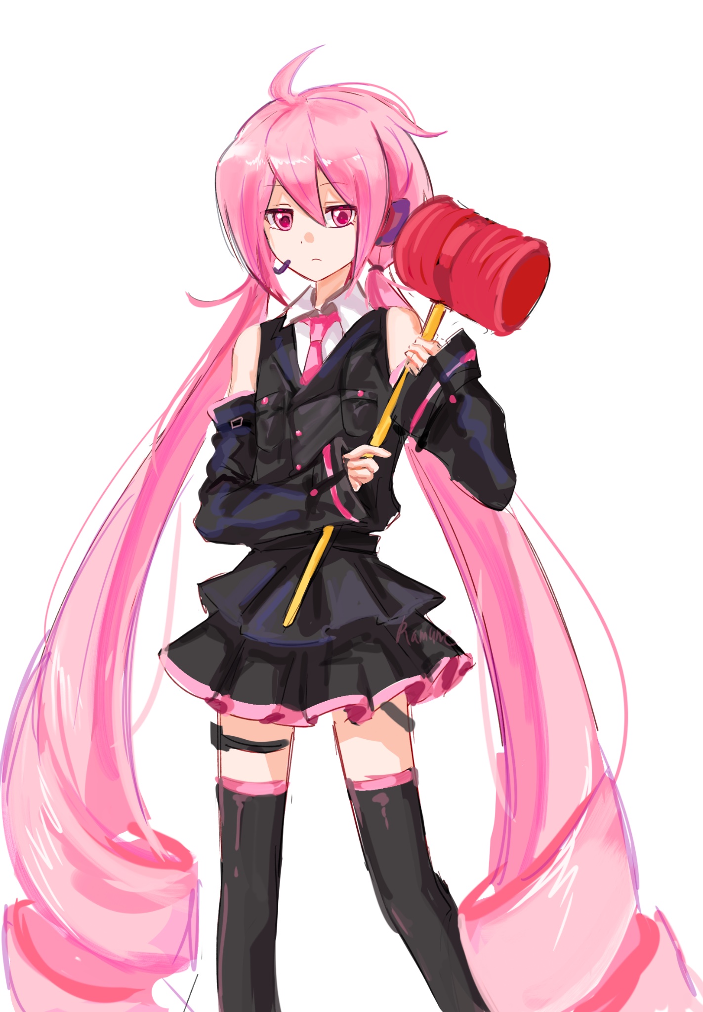 ramune55ni, utau, hashtag-only commentary, highres, 1girl, ahoge, bare shoulders, black skirt, black sleeves, black thighhighs, black vest, buttons, closed mouth, collared shirt, detached sleeves, double-parted bangs, drill hair, feet out of frame, flat chest, frilled skirt, frills, frown, hair between eyes, hammer, hand up, headset, holding, holding hammer, jitome, long hair, long sleeves, looking at viewer, low twintails, miniskirt, necktie, oune meno, pink eyes, pink hair, pink necktie, pink trim, pleated skirt, pocket, shirt, sidelocks, simple background, skirt, sleeveless, sleeveless shirt, solo, standing, striped clothes, thighhighs, twin drills, twintails, vertical-striped clothes, vest, white background, white shirt, wide sleeves, zettai ryouiki