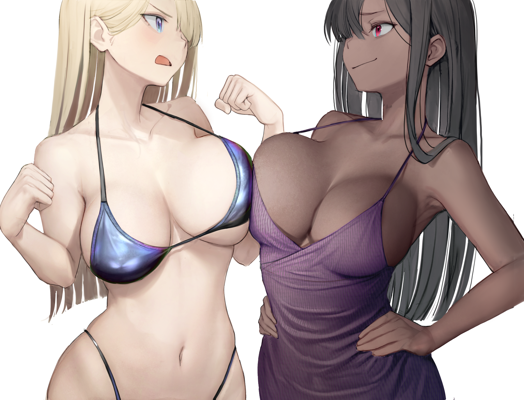 nyatabe, original, commentary request, highres, 2girls, bare shoulders, bikini, black hair, blonde hair, blue bikini, blue eyes, blunt ends, blush, breast press, breasts, cleavage, clenched hands, closed mouth, collarbone, confrontation, cowboy shot, dark-skinned female, dark skin, dress, evening gown, eye contact, faceoff, from side, hair behind ear, hair over one eye, hands on own hips, highleg, highleg bikini, large breasts, long hair, looking at another, multiple girls, navel, open mouth, profile, purple dress, red eyes, sideways mouth, simple background, sleeveless, sleeveless dress, smile, smirk, spaghetti strap, standing, stare down, stomach, swimsuit, symmetrical docking, w arms, white background