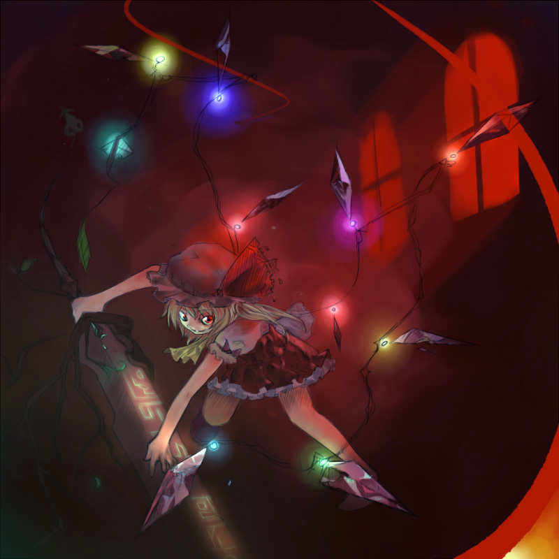 suisai (suisao), flandre scarlet, embodiment of scarlet devil, touhou, 1girl, alternate wings, blonde hair, female focus, hat, laevatein, red eyes, solo, sword, weapon, wings