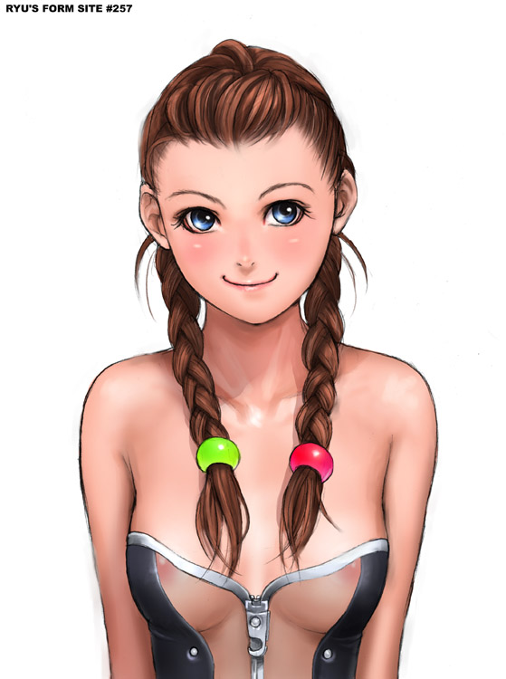 ryu (ryu's form site), 1girl, blue eyes, breasts, brown hair, female focus, long hair, medium breasts, nipples, see-through clothes, simple background, smile, solo, twintails, white background, zipper