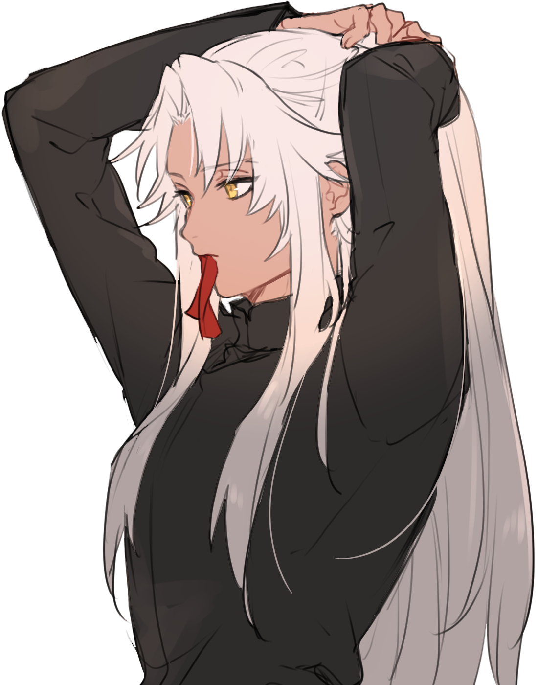 tofu (bean359), amakusa shirou (fate), amakusa shirou (third ascension) (fate), fate/apocrypha, fate (series), commentary, highres, 1boy, arms up, black jacket, dark-skinned male, dark skin, jacket, long hair, male focus, mouth hold, ponytail, profile, ribbon, ribbon in mouth, sidelocks, solo, tying hair, upper body, very long hair, white hair, yellow eyes