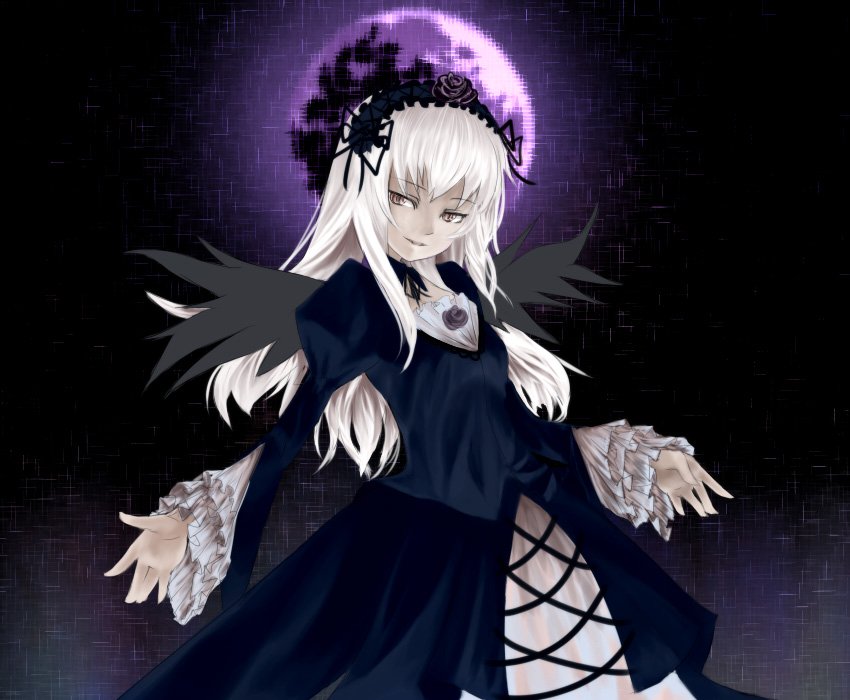 suisai (suisao), suigintou, rozen maiden, 00s, 1girl, female focus, hairband, long hair, outdoors, sky, solo, white hair, wings