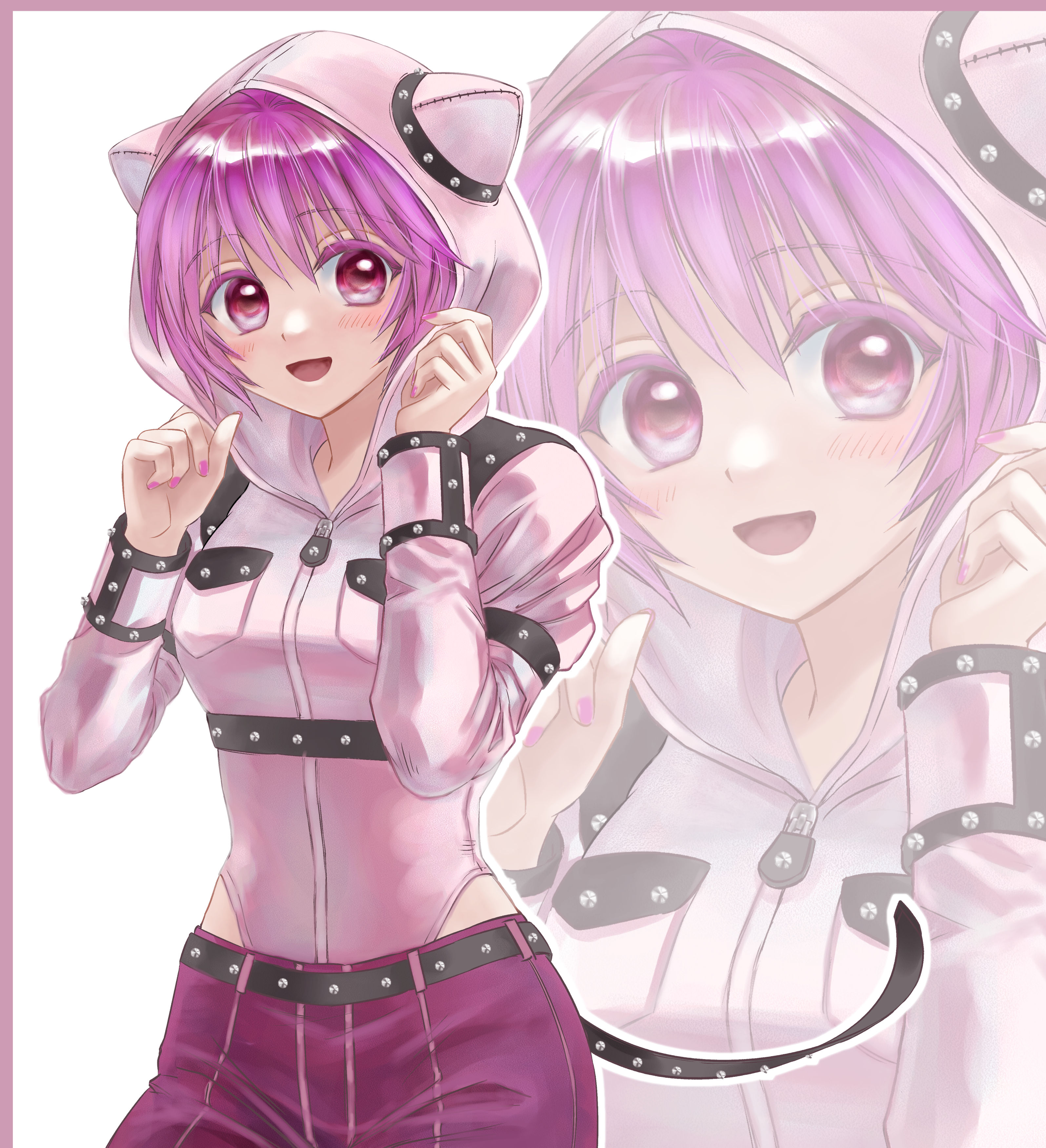 nana (elfen lied), elfen lied, absurdres, commentary request, highres, 1girl, belt, blush, border, hair between eyes, hood, hood up, looking at viewer, open mouth, pants, pink border, pink nails, purple eyes, purple hair, purple pants, studded belt, white background, yutaka dao, zipper, zoom layer