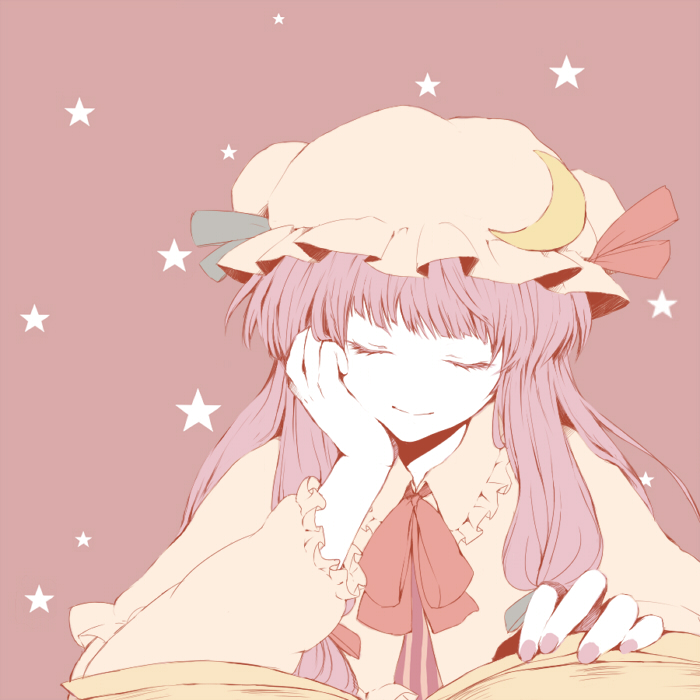 mogu (pixiv140606), patchouli knowledge, touhou, bad id, bad pixiv id, 1girl, book, closed eyes, crescent, female focus, hat, long hair, monochrome, nail polish, purple hair, smile, solo, star (symbol)