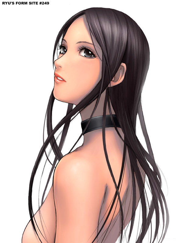 ryu (ryu's form site), 1girl, black eyes, breasts, brown hair, collar, female focus, long hair, nude, simple background, solo, white background