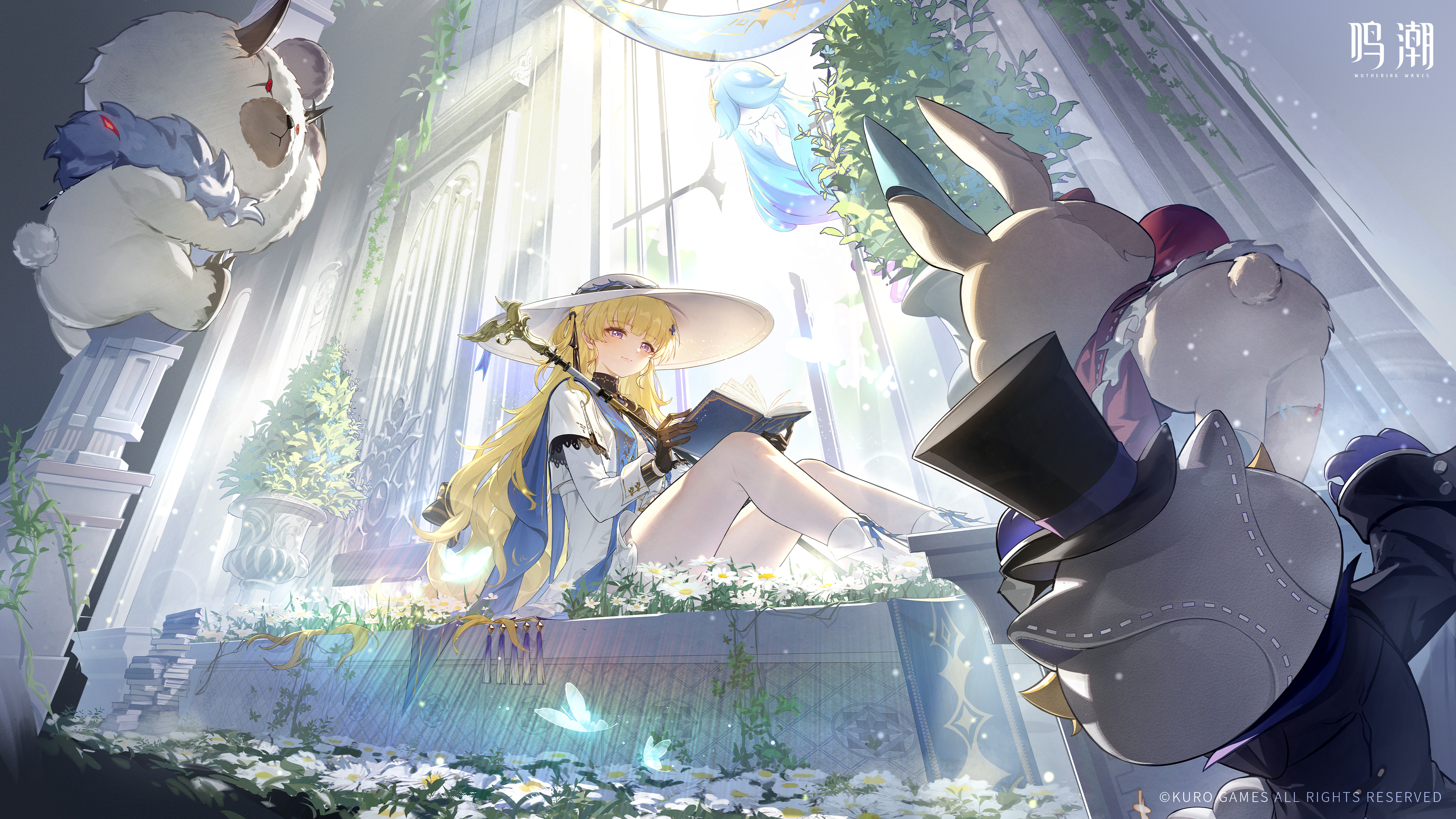 phoebe (wuthering waves), wuthering waves, absurdres, highres, official art, 1girl, black gloves, blonde hair, book, character name, closed mouth, dress, english text, gloves, hat, holding, holding book, knees up, logo, long hair, nimbus wraith (wuthering waves), pantyhose, purple eyes, sitting, smile, solo, tacet discord (wuthering waves), very long hair, white dress, white hat, white pantyhose, wide shot