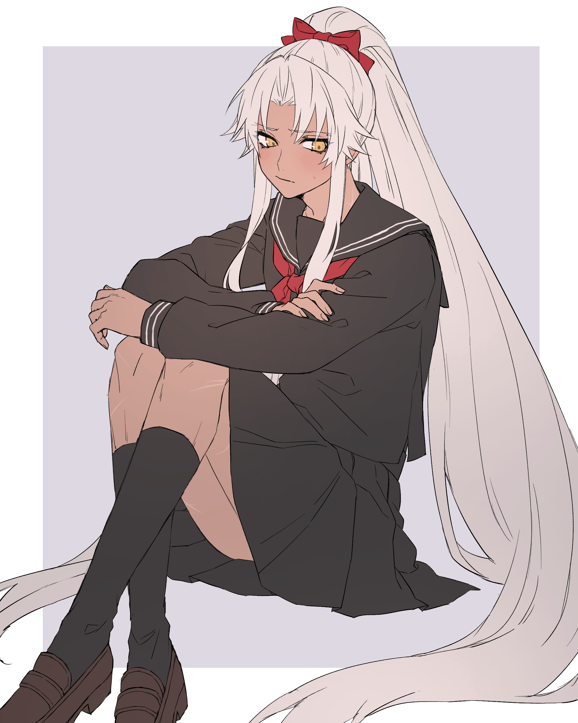 tofu (bean359), amakusa shirou (fate), amakusa shirou (third ascension) (fate), fate/apocrypha, fate (series), absurdres, commentary, highres, 1girl, black serafuku, black socks, bow, brown shoes, dark-skinned female, dark skin, genderswap, genderswap (mtf), grey hair, hair bow, high ponytail, kneehighs, loafers, long hair, long sleeves, looking to the side, medium skirt, pleated skirt, ponytail, red bow, scar, scar on leg, school uniform, serafuku, shoes, sitting, skirt, socks, solo, very long hair, yellow eyes