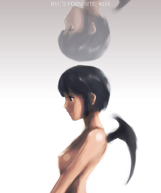 ryu (ryu's form site), 1girl, bat wings, black hair, female focus, nude, short hair, solo, wings