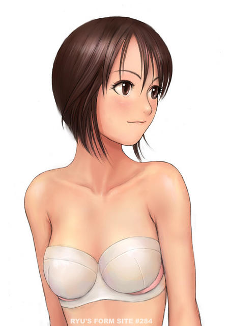 ryu (ryu's form site), 1girl, bra, breasts, brown eyes, brown hair, female focus, lingerie, short hair, simple background, solo, underwear, white background