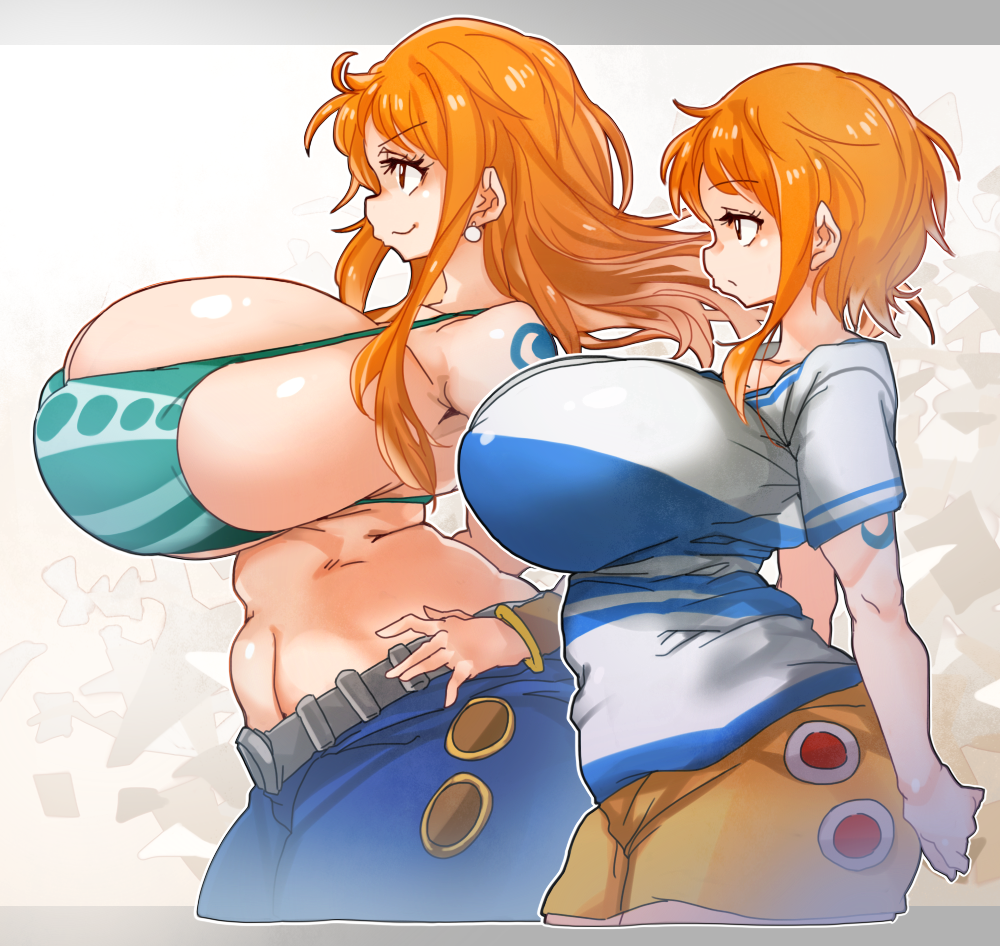 sachito, nami (one piece), nami (one piece) (east blue), nami (one piece) (return to sabaody), one piece, 2girls, arm tattoo, bare shoulders, before and after, belt, bikini, bikini top only, bracelet, breasts, brown eyes, collarbone, cowboy shot, cropped legs, denim, earrings, from side, huge breasts, jeans, jewelry, large breasts, long hair, miniskirt, multiple girls, orange hair, pants, shirt, short hair, short sleeves, skirt, smile, standing, tattoo, white shirt
