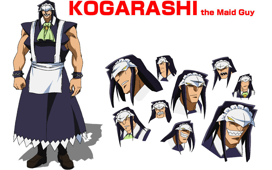 kogarashi (kamen no maid guy), kamen no maid guy, official art, 00s, apron, black hair, boots, crossdressing, grin, long hair, maid, maid apron, mask, muscular, sharp teeth, skirt, smile, teeth, wristband, yellow eyes