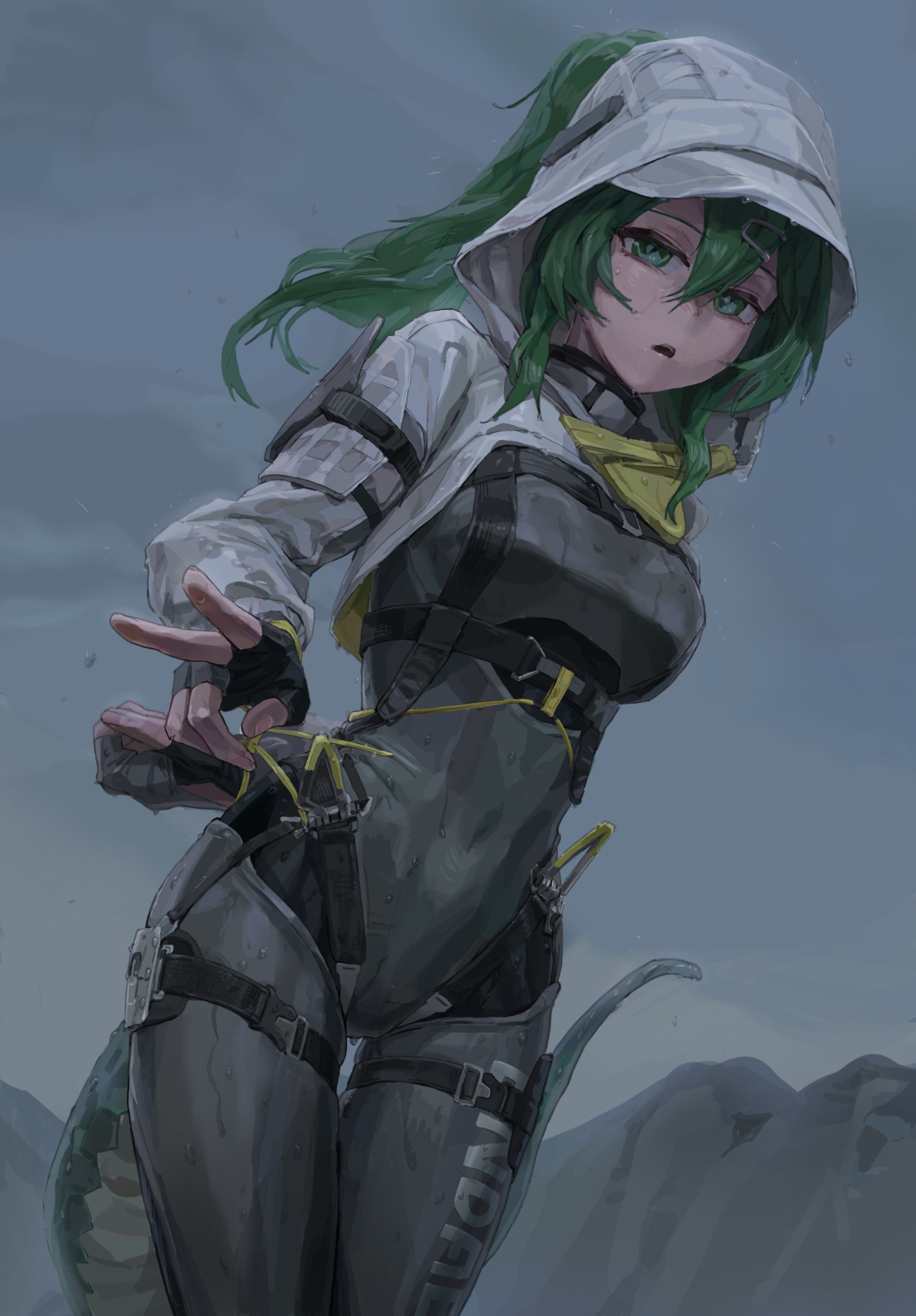 a tea, arknights, arknights: endfield, highres, black gloves, bodysuit, breasts, cropped jacket, cuffs, fingerless gloves, fluorite (arknights), gloves, green eyes, green hair, handcuffs, hood, hooded jacket, jacket, latex, latex bodysuit, long hair, looking at viewer, medium breasts, open mouth, outdoors, ponytail, skin tight, skindentation, tail, teeth, thigh gap, thigh strap, upper teeth only