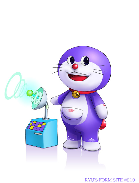 ryu (ryu's form site), doraemon (character), doraemon, :d, bell, jingle bell, looking at viewer, machinery, no humans, open mouth, round teeth, simple background, smile, solo, standing, teeth, white background