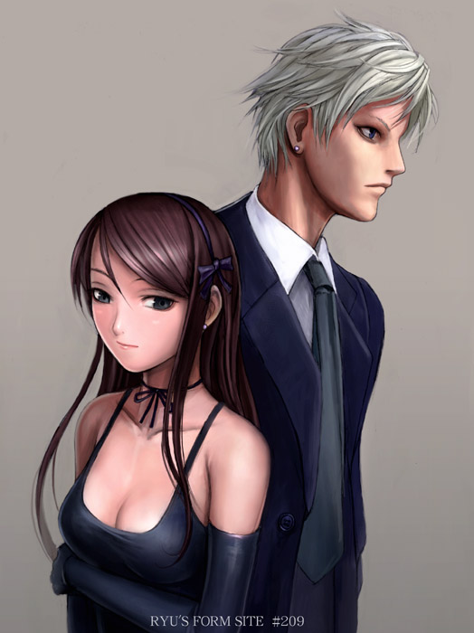 ryu (ryu's form site), tagme, 1boy, 1girl, black suit, blonde hair, brown hair, formal clothes, short hair, suit