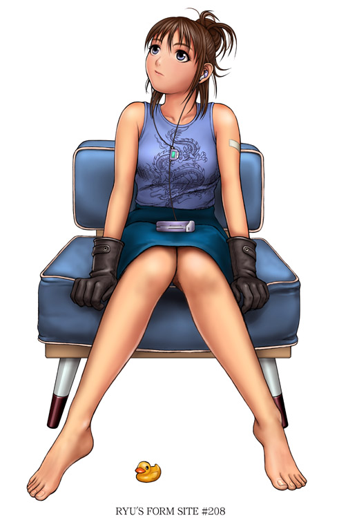 ryu (ryu's form site), 1girl, barefoot, blue eyes, brown hair, feet, female focus, full body, gloves, headphones, pinup (style), sitting, solo, white background