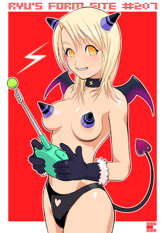 ryu (ryu's form site), 1girl, bat wings, blonde hair, breasts, collar, controller, female focus, gloves, medium breasts, solo, tail, wings
