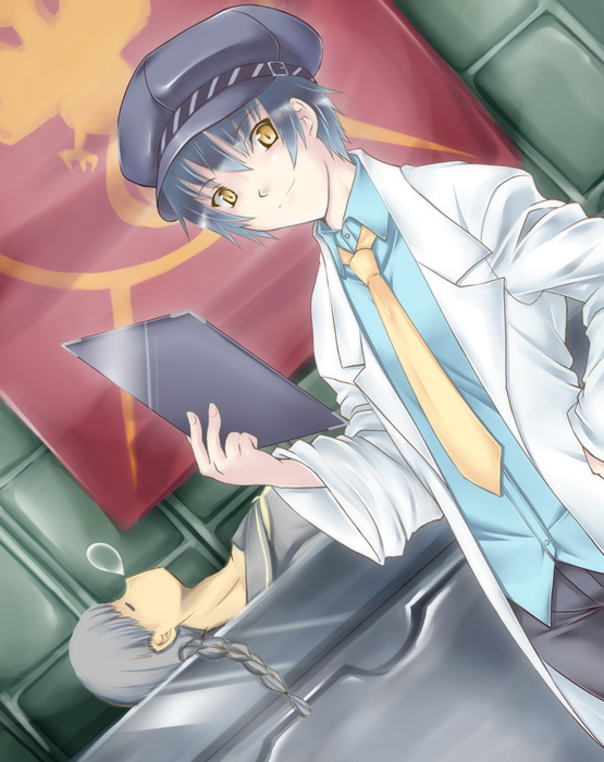 microspace, narukami yu, shirogane naoto, atlus, persona, persona 4, 1boy, 1girl, androgynous, blue hair, braid, closed eyes, crossdressing, grey hair, hat, newsboy cap, reverse trap, school uniform, short hair, sleeping, trap