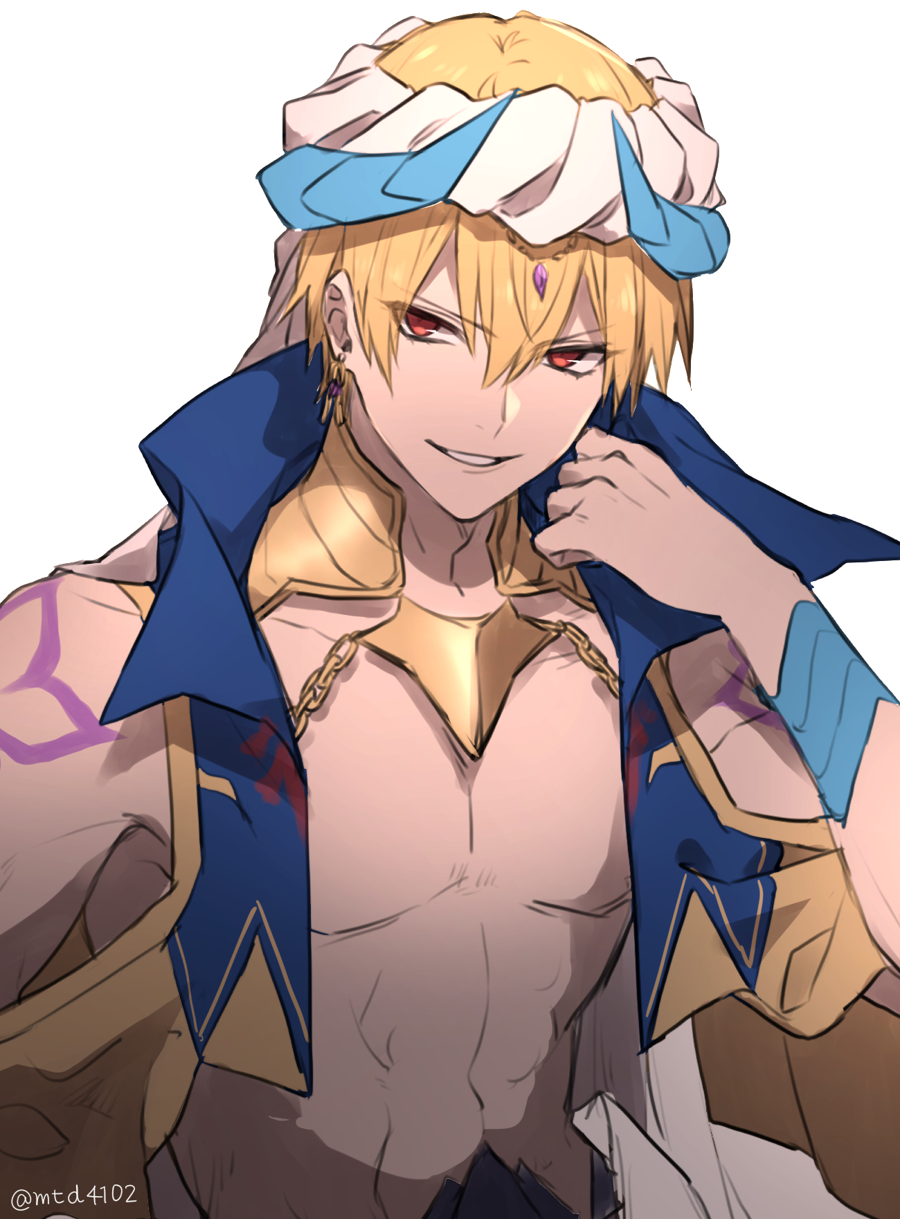 tofu (bean359), gilgamesh, gilgamesh (caster) (fate), gilgamesh (fate), fate/grand order, fate (series), commentary, highres, 1boy, abs, blonde hair, cropped vest, earrings, hat, jewelry, male focus, navel, red eyes, shoulder tattoo, smile, solo, tattoo, twitter username, upper body, vest, white hat