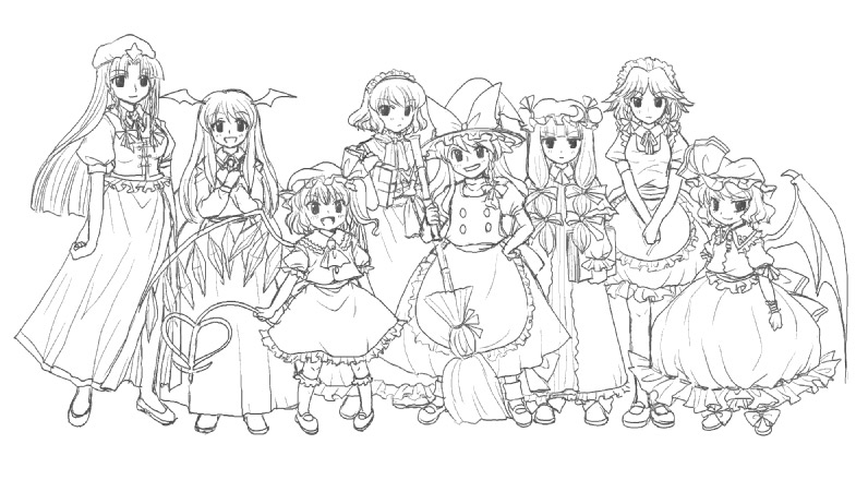mikagami hiyori, alice margatroid, flandre scarlet, hong meiling, izayoi sakuya, kirisame marisa, koakuma, patchouli knowledge, remilia scarlet, touhou, 6+girls, dress, female focus, greyscale, hat, lineart, maid, monochrome, multiple girls, sketch, skirt, white background