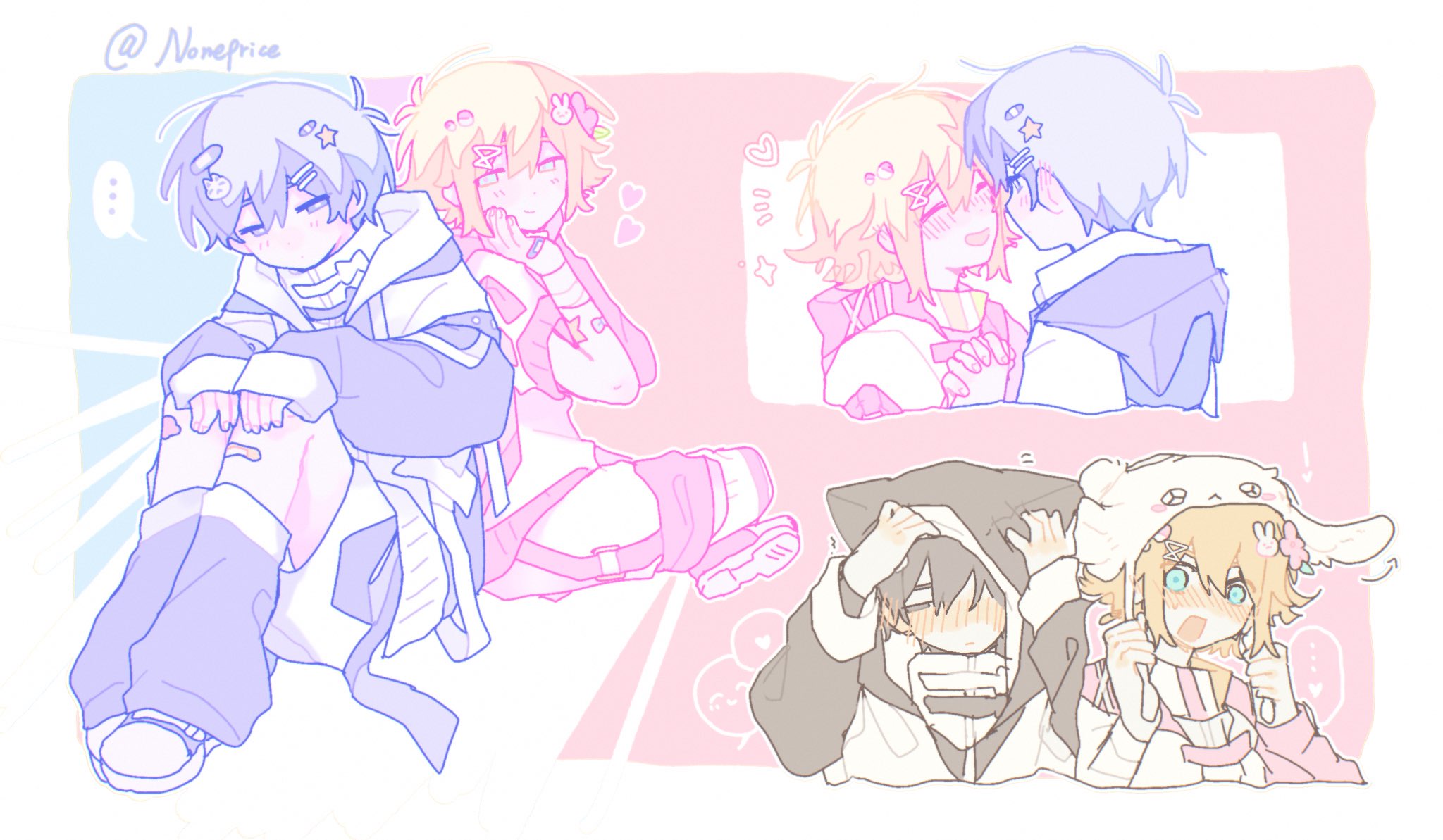 hapr (noneprice), basil (faraway) (omori), basil (omori), sunny (omori), omori, commentary, english commentary, highres, !, …, 2boys, :d, ^ ^, alternate costume, alternate eye color, alternate hair color, animal hat, animal hood, arms up, back-to-back, bandaged arm, bandages, bandaid, bandaid on hand, bandaid on leg, bare arms, black eyes, black hair, black hat, blonde hair, blue background, blue eyes, blush, border, bright pupils, cat hood, closed eyes, closed mouth, cropped torso, dot mouth, dot nose, double-parted bangs, face-to-face, facing another, fingernails, full body, hair between eyes, hair ornament, hairclip, half-closed eyes, hands on own cheeks, hands on own face, hands on own knees, hands up, hat, heart, holding hands, hood, hood up, hooded jacket, interlocked fingers, jacket, knees up, leg warmers, long sleeves, looking at another, looking back, male focus, multiple boys, multiple views, nose blush, open clothes, open jacket, open mouth, outline, outside border, pale skin, parallel hairclips, pink background, pink shoes, puffy long sleeves, puffy sleeves, purple eyes, purple hair, purple leg warmers, purple shoes, purple sleeves, rabbit hair ornament, rabbit hat, raglan sleeves, shirt, shoes, short-sleeved jacket, short hair, short sleeves, shorts, sidelocks, simple background, sitting, sleeves past wrists, smile, sparkle, spoken ellipsis, spoken expression, twitter username, two-tone background, very short hair, white border, white hat, white jacket, white outline, white pupils, white shirt, white shorts