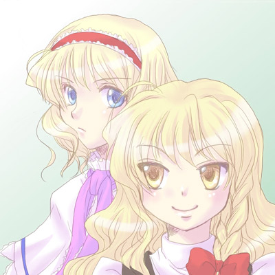 mikagami hiyori, alice margatroid, kirisame marisa, touhou, lowres, 2girls, blonde hair, blue eyes, braid, female focus, hairband, multiple girls, no headwear, smile, upper body, yellow eyes