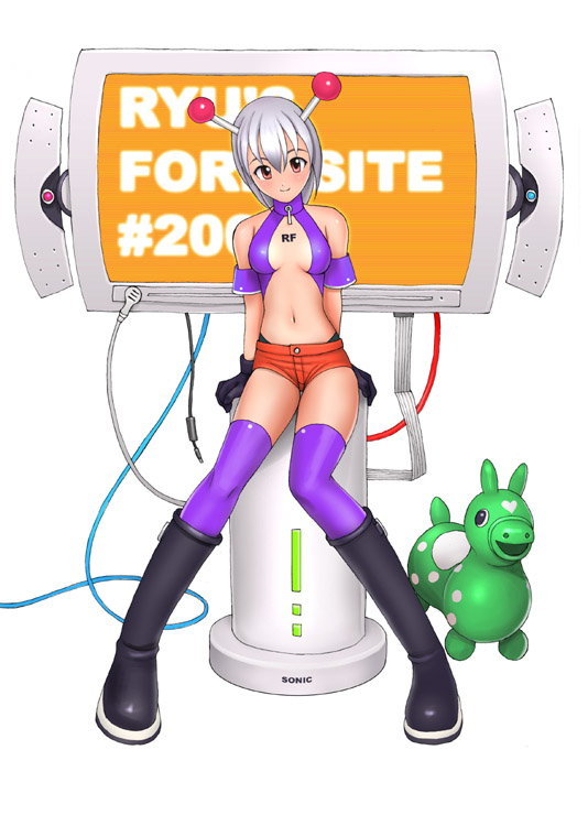 ryu (ryu's form site), 1girl, antennae, boots, female focus, gloves, grey hair, looking at viewer, red eyes, short hair, short shorts, shorts, sitting, smile, solo, thighhighs