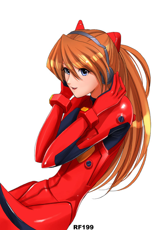 ryu (ryu's form site), souryuu asuka langley, neon genesis evangelion, 1girl, :d, blue eyes, bodysuit, bracer, cowboy shot, female focus, from side, gloves, hair between eyes, hair ornament, hands on headphones, happy, headphones, long hair, looking at viewer, mecha pilot suit, open mouth, orange hair, plugsuit (evangelion), red hair, simple background, skinny, smile, solo, turtleneck, white background