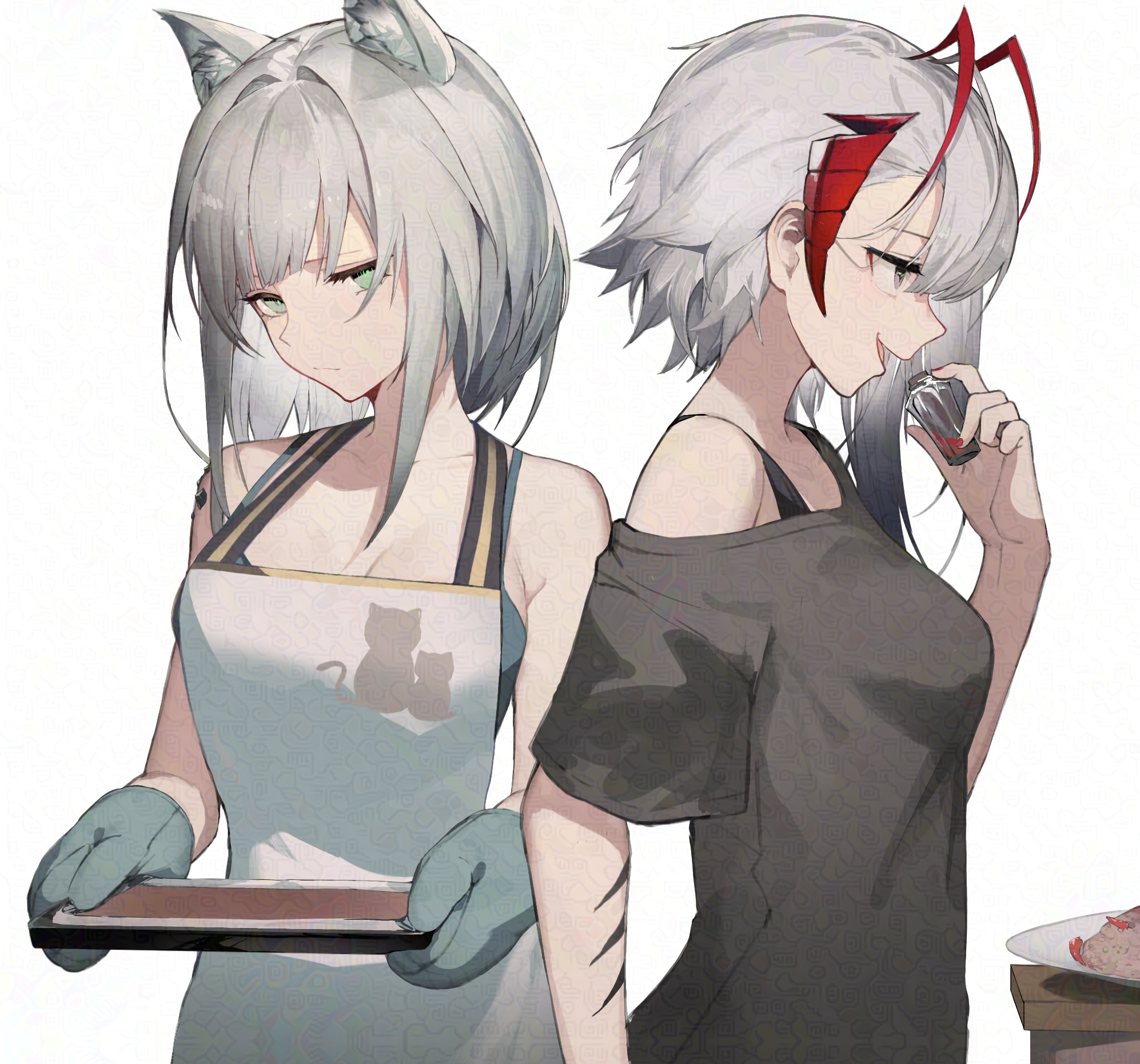 anths, kal'tsit (arknights), w (arknights), wis'adel (arknights), arknights, highres, 2025, 2girls, animal ear fluff, animal ears, apron, aqua eyes, black shirt, breasts, brown eyes, grey hair, large breasts, long hair, multiple girls, narrowed eyes, open mouth, oven mitts, shirt, smile, white background