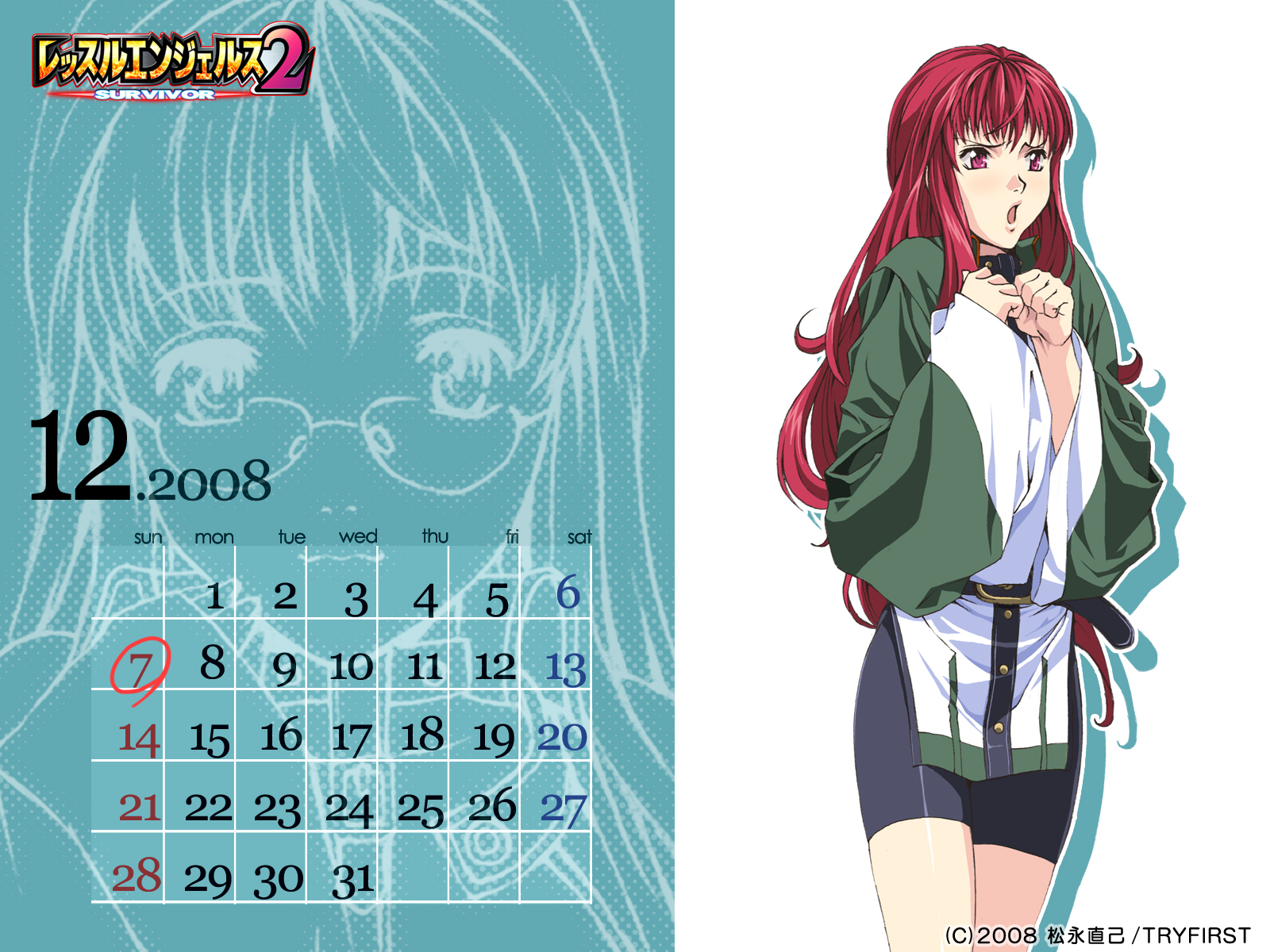 homare (fool's art), gina durham, wrestle angels, wrestle angels survivor, wrestle angels survivor 2, highres, 1girl, belt, bike shorts, calendar, hair between eyes, jacket, long hair, open mouth, red eyes, red hair, spandex