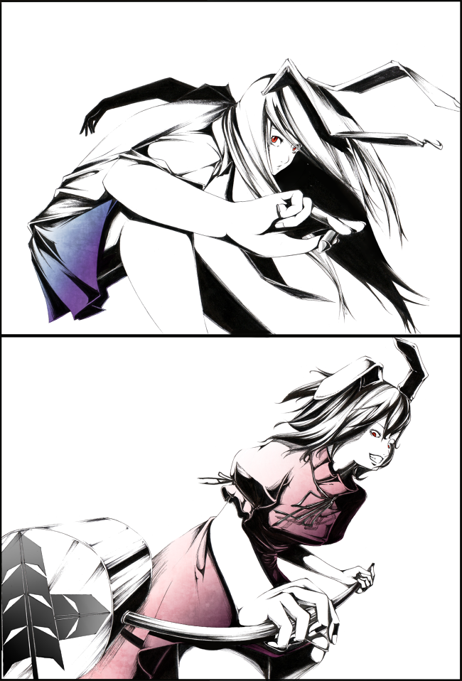 sousou (sousouworks), inaba tewi, reisen udongein inaba, touhou, 2girls, animal ears, female focus, foreshortening, hammer, multiple girls, rabbit ears