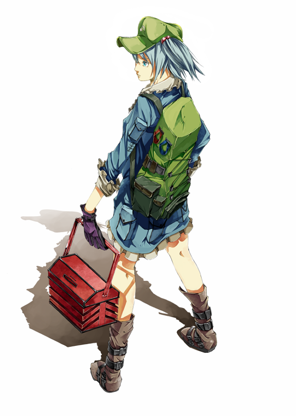 sousou (sousouworks), kawashiro nitori, touhou, 1girl, backpack, bag, female focus, full body, gloves, hat, randoseru, simple background, solo, standing, toolbox, two side up