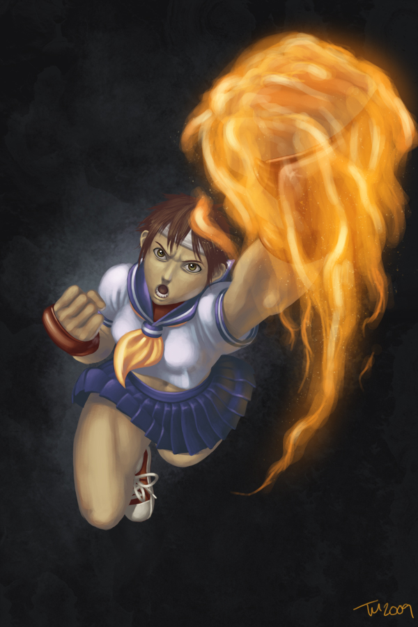 ted mcclung, kasugano sakura, capcom, street fighter, 1girl, blue sailor collar, brown hair, female focus, fire, full body, gloves, headband, sailor collar, school uniform, serafuku, shoes, shouryuuken, simple background, skirt, sneakers, solo, uppercut, yellow eyes