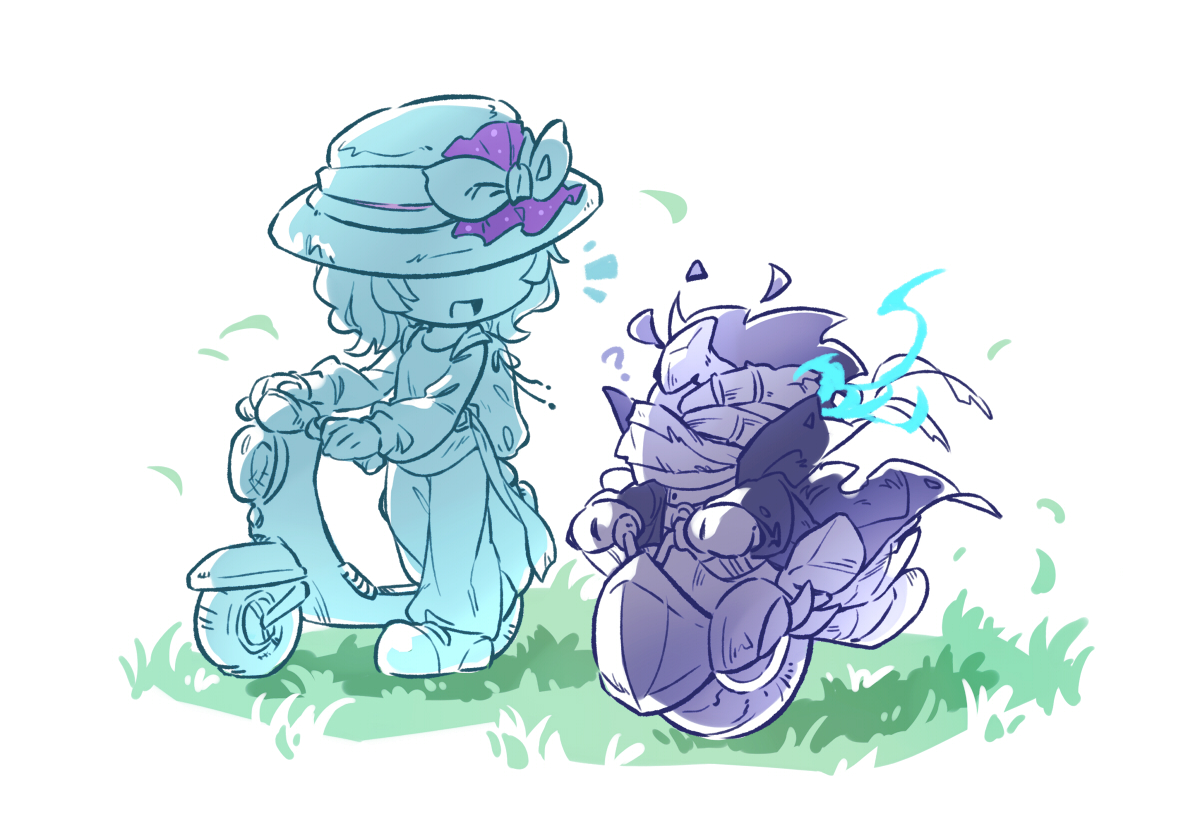 0olqplo0, neichel (kirby), noir dedede, wheelie (kirby), kirby (series), kirby air ride, kirby air riders, kirby and the forgotten land, nintendo, star-crossed world, 1girl, ?, blue fire, exhaust pipe, fire, grass, hat, hat over eyes, looking at another, moped, motor vehicle, short hair