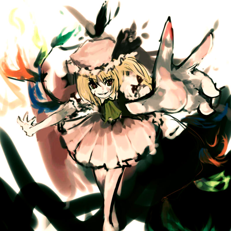 suisai (suisao), flandre scarlet, embodiment of scarlet devil, touhou, 1girl, blonde hair, blood, female focus, foreshortening, grin, hat, outstretched arm, outstretched hand, reaching, red eyes, smile, solo, wings