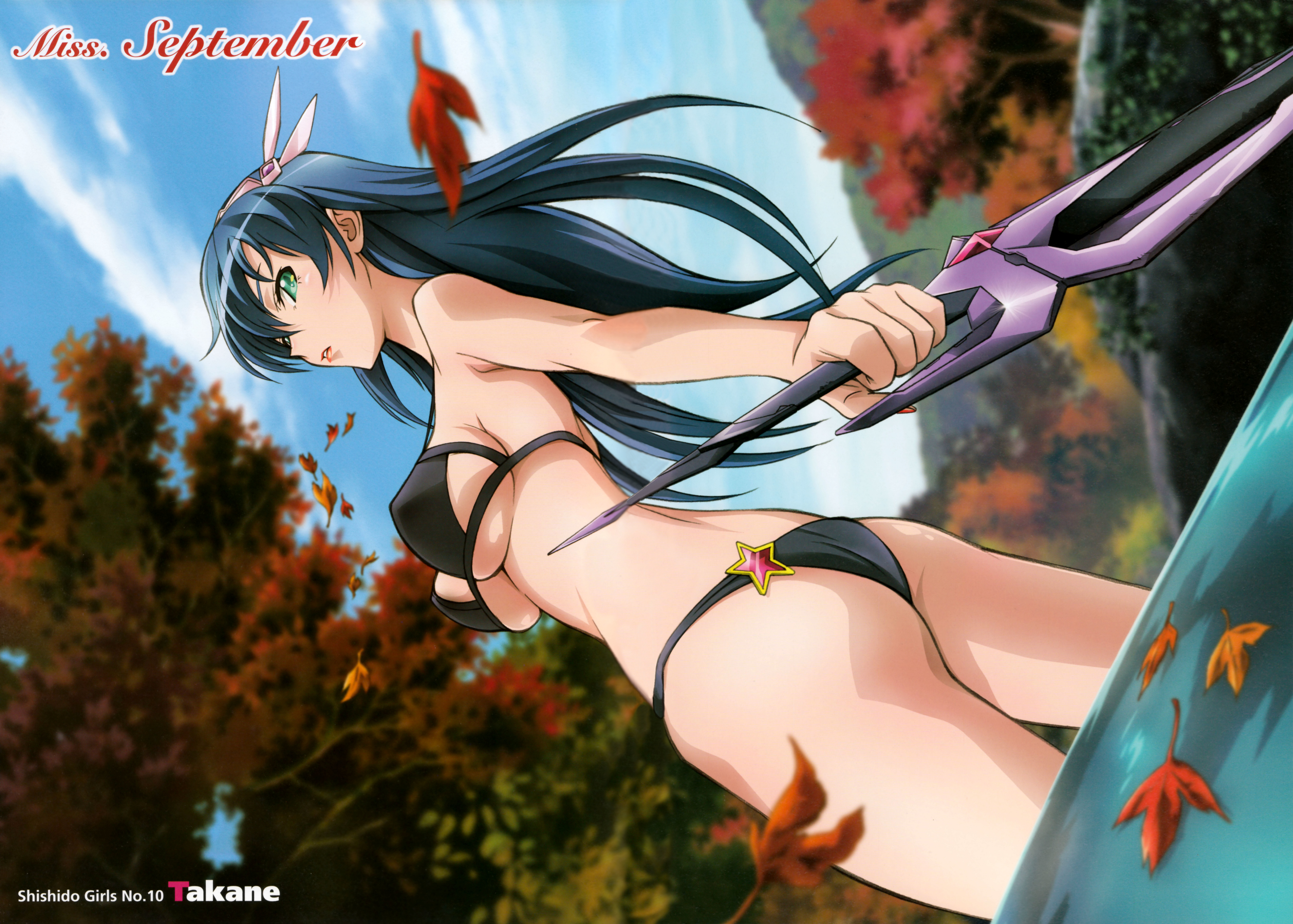 shishidou takane, sora wo kakeru shoujo, absurdres, highres, 00s, ass, back, bikini, black bikini, blue hair, breasts, cleavage, day, green eyes, large breasts, leaf, long hair, nail polish, solo, swimsuit, sword, underboob, water, weapon