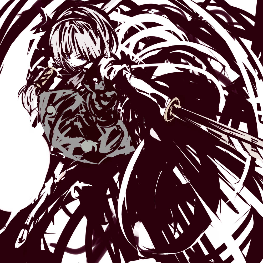 suisai (suisao), konpaku youmu, konpaku youmu (ghost), touhou, 1girl, female focus, hitodama, monochrome, short hair, solo, spot color, sword, weapon