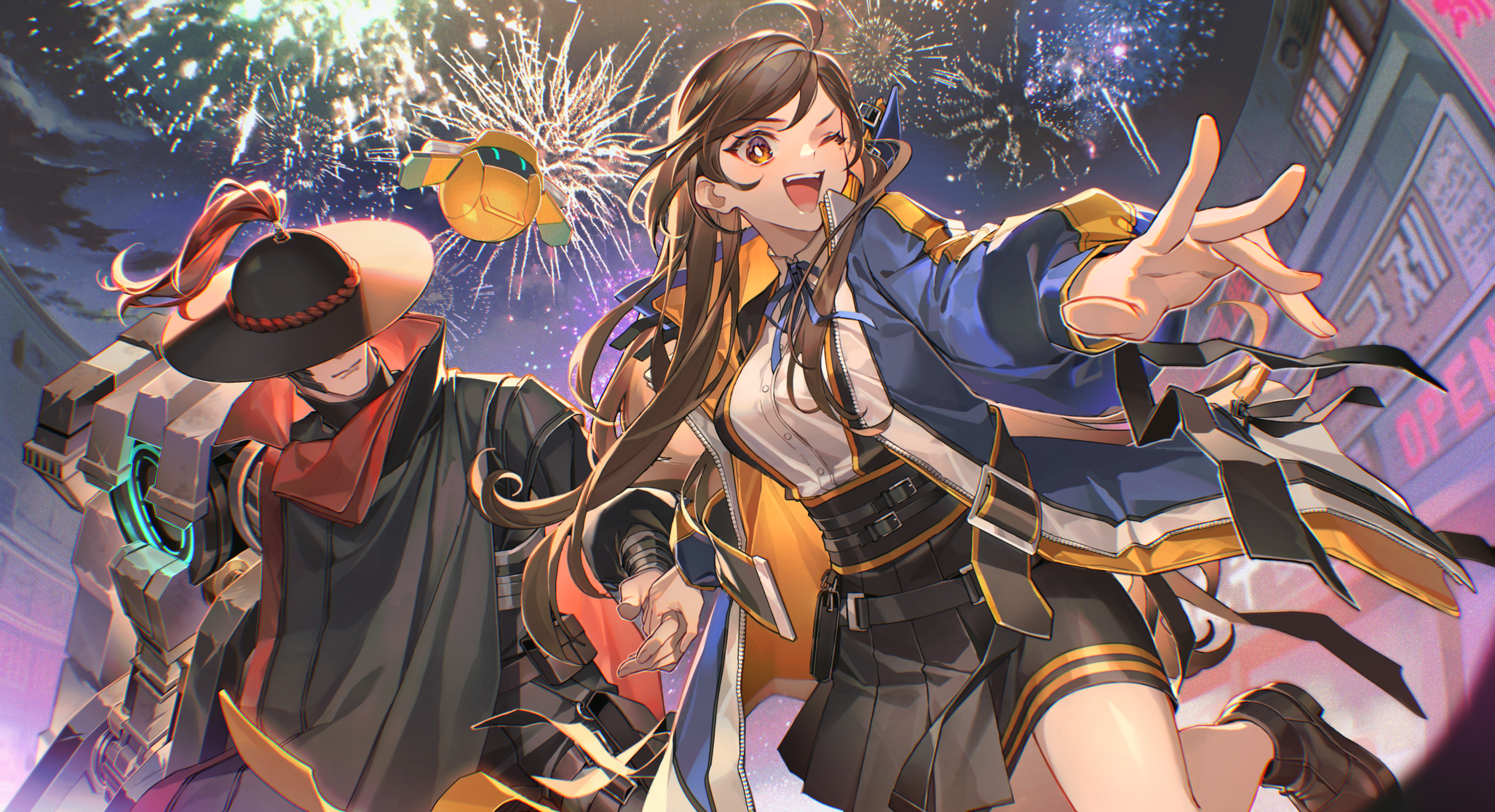 mari gold (sanabi), sanabi, 1girl, black hair, fireworks, holding hands, night, one eye closed, robot, running
