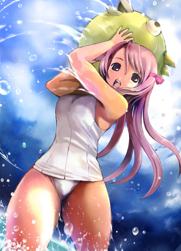 togusa masamu, original, 1girl, bare shoulders, bow, female focus, hair bow, long hair, one-piece swimsuit, open mouth, pink hair, purple eyes, school swimsuit, smile, solo, swimsuit, thick thighs, thighs, water, white one-piece swimsuit, white school swimsuit