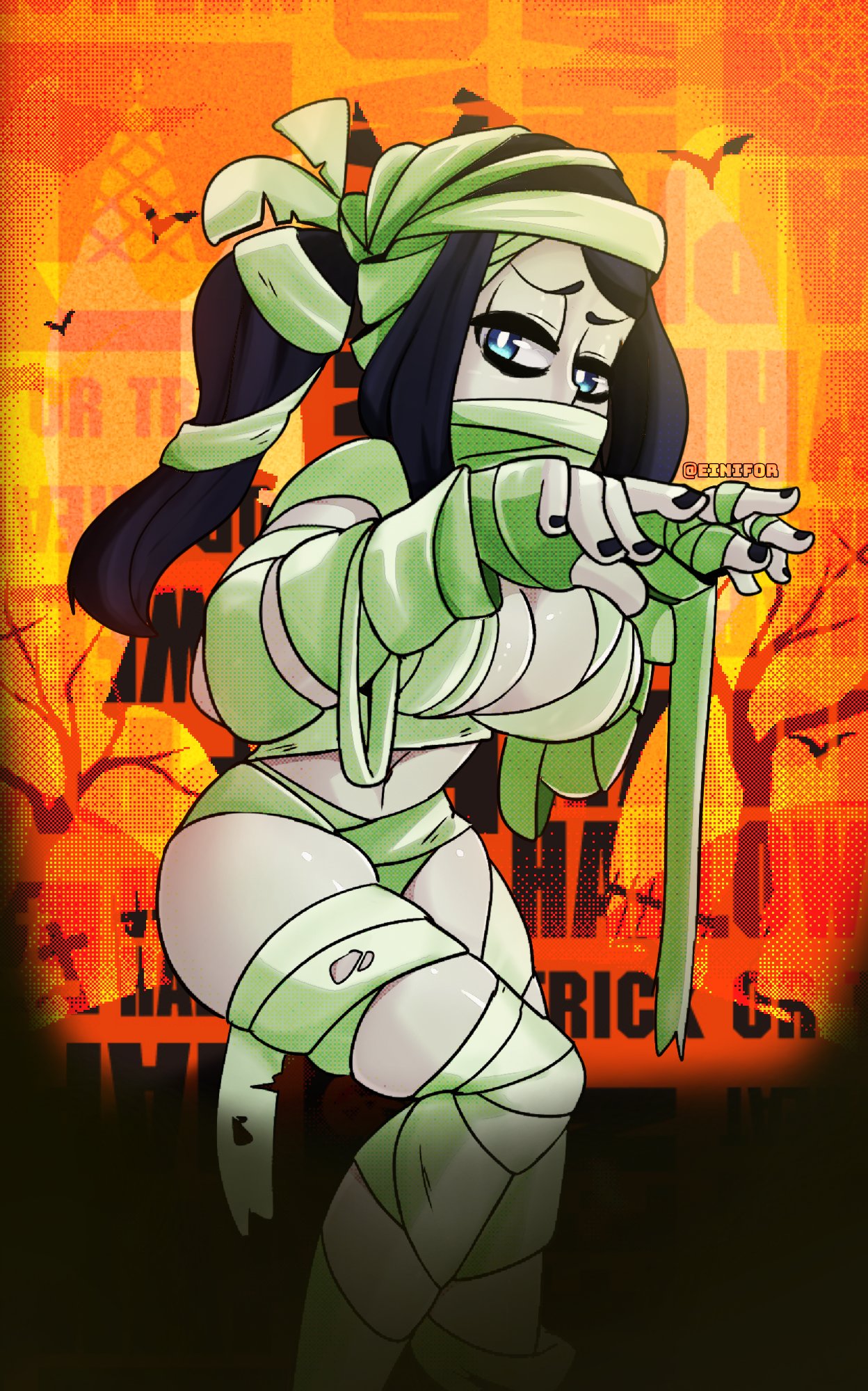 einifor, hallow (skullgirls), skullgirls, tagme, bandages around body, pale skin, ponytail