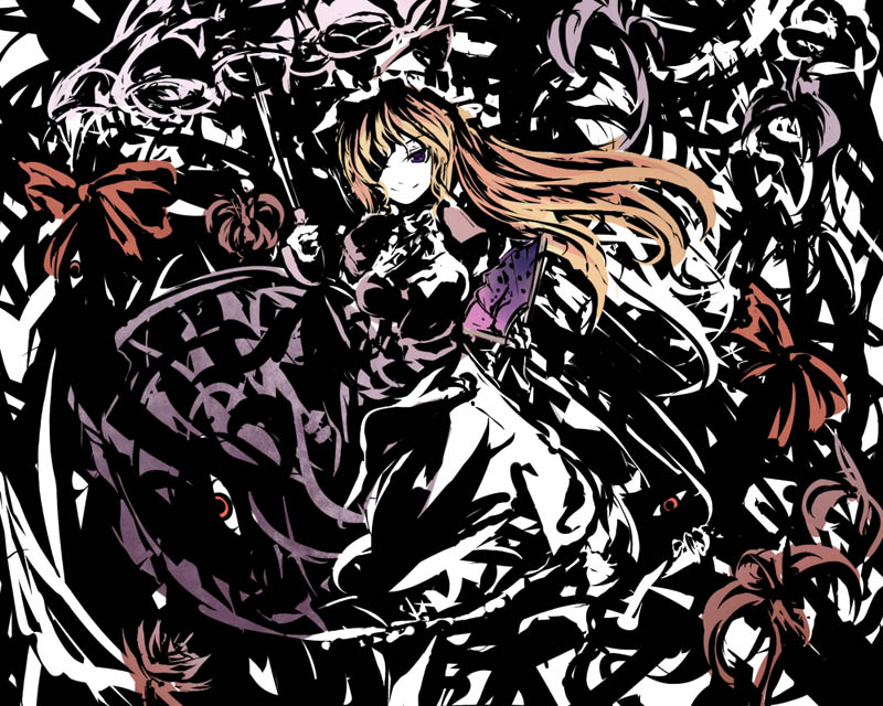 suisai (suisao), yakumo yukari, touhou, 1girl, blonde hair, female focus, gap (touhou), hat, long hair, monochrome, purple eyes, smile, solo, spot color, umbrella