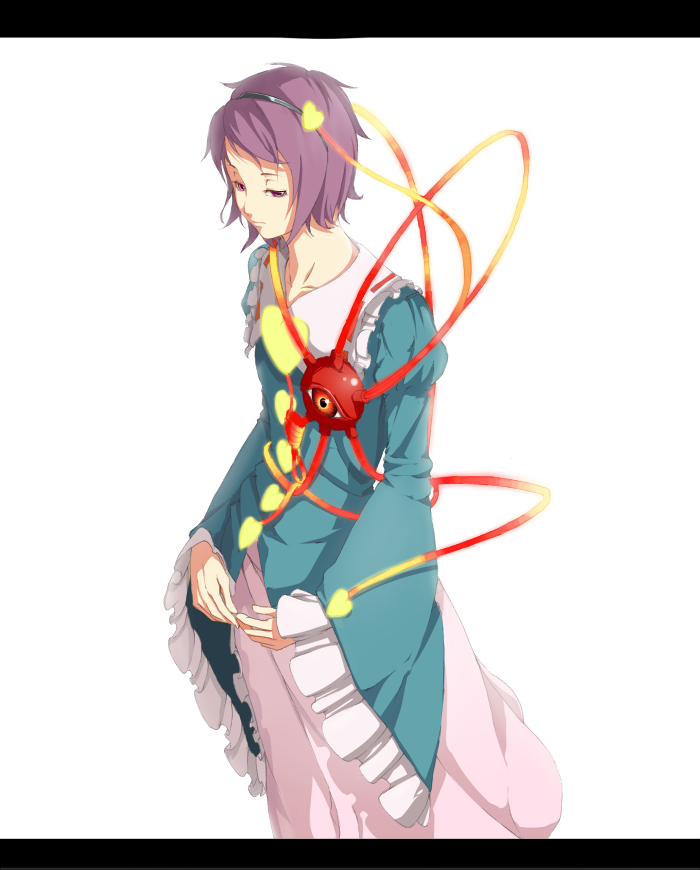 sousou (sousouworks), komeiji satori, touhou, 1girl, blue shirt, closed mouth, collar, collarbone, eyeball, female focus, flipped hair, frilled collar, frilled shirt collar, frilled sleeves, frills, hairband, heart, letterboxed, long sleeves, purple hair, red eyes, ribbon-trimmed collar, ribbon trim, shirt, short hair, simple background, skirt, solo, standing, swept bangs, third eye, white background, white skirt