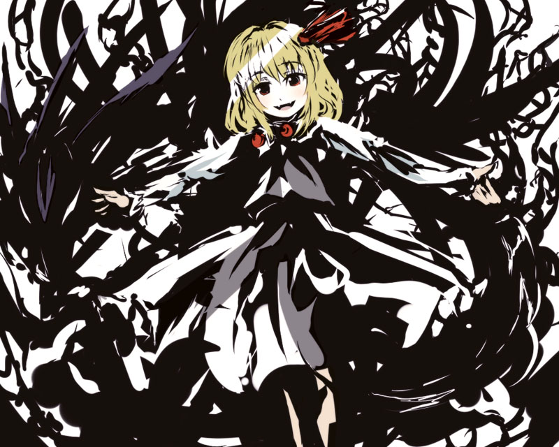 suisai (suisao), rumia, embodiment of scarlet devil, touhou, 1girl, blonde hair, darkness, fangs, female focus, hair ribbon, monochrome, outstretched arms, red eyes, ribbon, smile, solo, spot color, spread arms